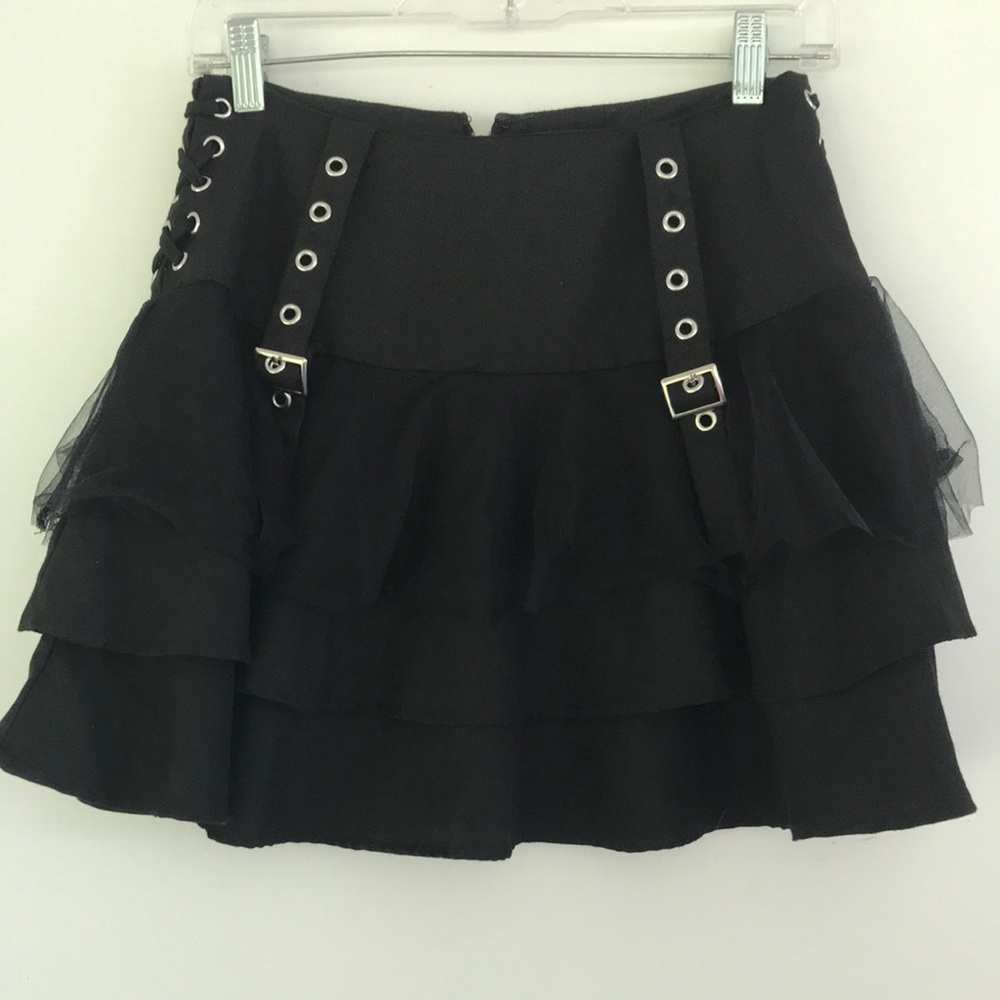 Hot Topic Black Ruffled Mini Skirt Took Buckle & Grommet Detail SM